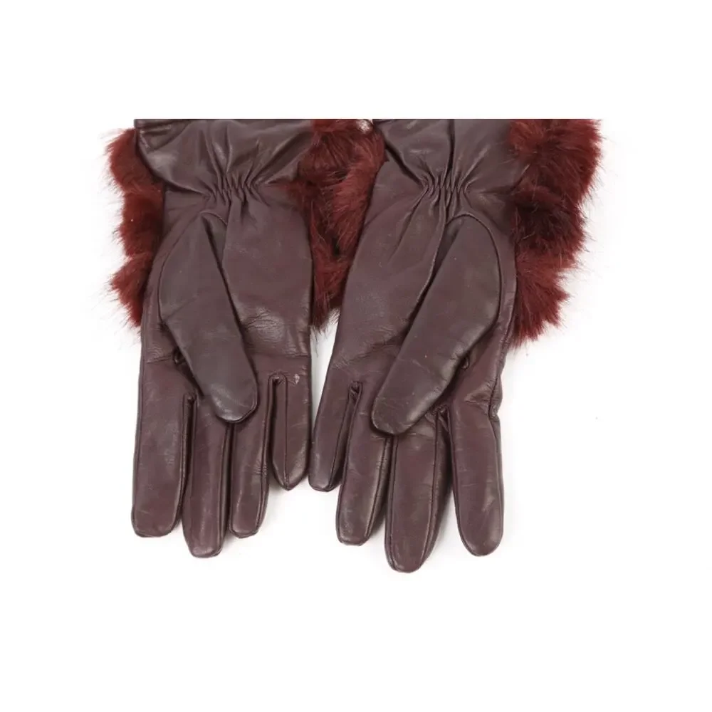 Gala Gloves 7 Brown Leather Winter Gloves Burgundy Faux Fur Cuff Luxury Italy